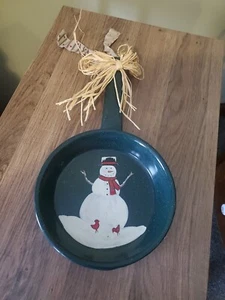 7 1/2 In Blue Enamel Frying Pan Handpainted Snowman - Picture 1 of 2