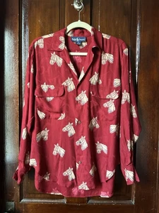 Vintage Ralph Lauren rot AOP Pferd Reitsport Langarm Knopfleiste Hemd Gr. 4 LESEN - Bild 1 von 11