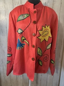 Vtg Alex Kim Coral Jacket SZ XL Floral Embroidery Artsy Boho Phoebe Buffay - Picture 1 of 14