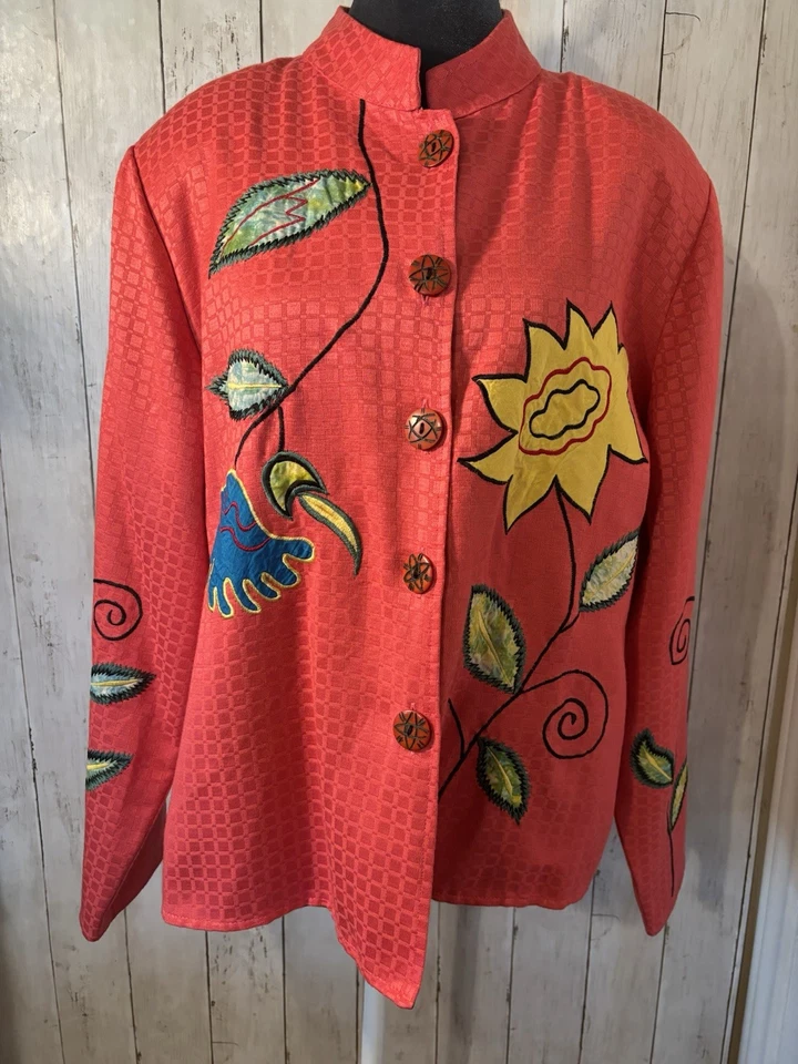 Vtg Alex Kim Coral Jacket SZ XL Floral Embroidery Artsy Funky Phoebe Buffay - Image 1 of 4