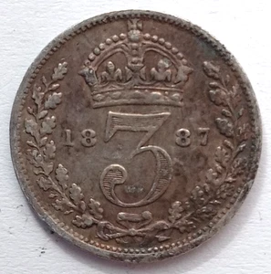 Moneta 3d inglese 1887 VICTORIA SILVER THREEPENCE (argento .925). 85 - Foto 1 di 2