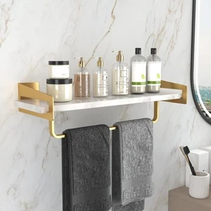Marble Bathroom Shelf with Towel Bar, 16" Metal Floating Shelf Wall Mount for... - Picture 1 of 6