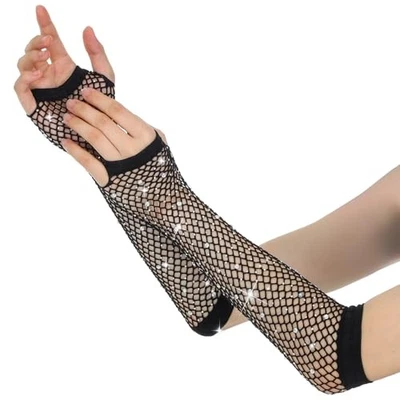 Women Fishnet Rhinestone Gloves, Fingerless Sparkly Mesh Arm One Size Black - Image 1 of 4