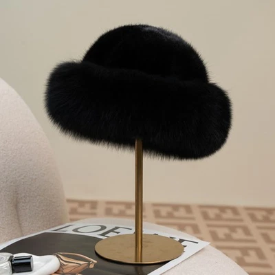 Women's Real Mink Fur Hat Bowler Hat Top Hat Warm Beanies Ski Cap W Fox Fur Brim - Image 1 of 4