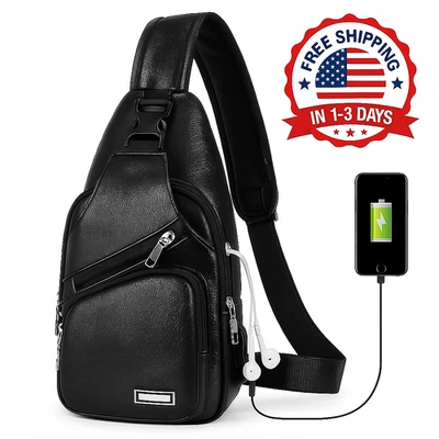 Unisex Travel Sling Crossbody Bag -USB Charging Port -PU Leather- SHIPS FROM USA - Image 1 of 4