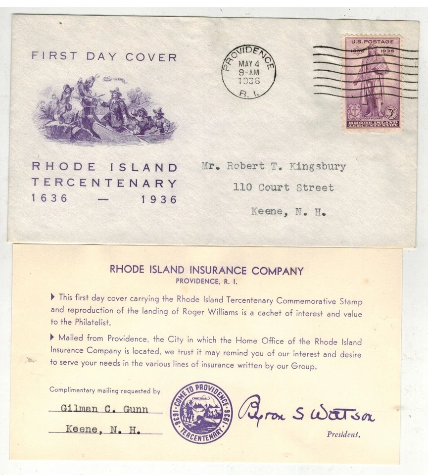 1936 RHODE ISLAND 300th 777-34 R.I. INSURANCE CO VARIETY CARD GILMAN GUNN - Image 1 of 1