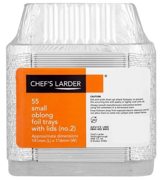 Chef's Larder 55 x Small Oblong Foil Trays with Lids 141 x 116mm Hot Food Curry - Image 1 of 1