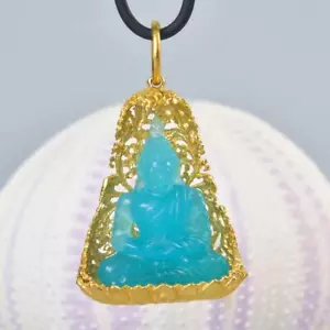 Anhänger Buddha Bild Gold Vermeil Sterling Bodhi Baum Blau Chalzedon 13.94 G - Bild 1 von 9