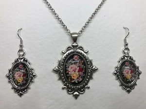 Juego de Collares Cameo Negro PLATA BOTÁNICA PL MONTAJES Estilo VICTORIANO RAMO ROSA - Imagen 1 de 10
