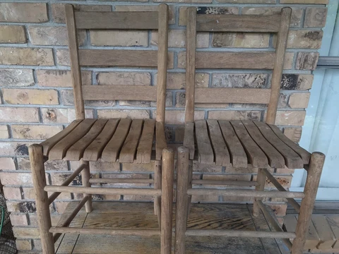 (2) Rustic Primitive Natural Slatted Ladderback Wood Chairs 34” Tall Cover