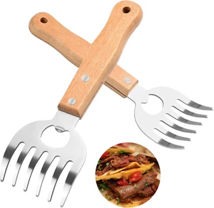 Stainless Steel Meat Shredder Claws with Long Wooden Handles for Pulled Pork, Tu - Picture 1 of 12