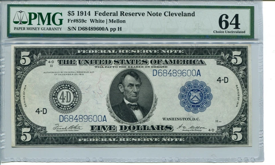 FR 859c 1914 $5 Cleveland Federal Reserve Note PMG 64 Choice Uncirculated - Image 1 of 1