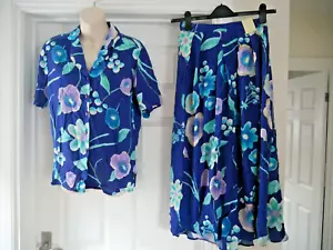 New Vintage Skirt Suit Ladies Size 10 Blue Floral Compliments Skirt Blouse Top - Picture 1 of 10