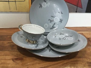 Seyei Porzellan-Japan "Starlite" #3171 1-7 Teile (+Suppe) Geschirrgedeck grau mit Platin - Bild 1 von 17