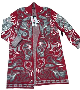 MAXSPORT Long Cardigan Red Gray Paisley Floral Knit Sweater Pockets L NWT - Picture 1 of 3
