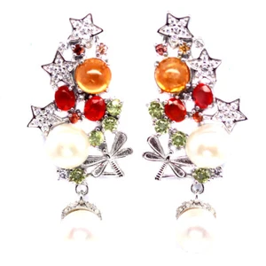 925 Silver White Pearl, Spessartine Garnet, Sapphire, Peridot & Zircon Earrings - Picture 1 of 4
