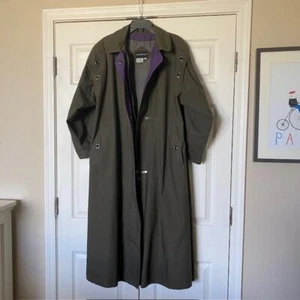 Metropolis A-Line Olive Green Midi Raincoat Lined Contrast Cuff/Collar Women 16 - Picture 1 of 15