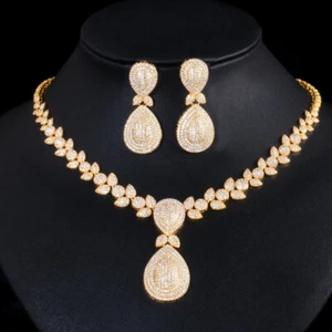 Yellow Gold Plated Drop Leaf  Wedding Necklace Earring CZ Jewelry Set for Brides - Picture 1 of 8