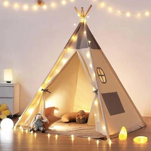 Kids Teepee Tent, 100% Cotton, Padded Mat & Fairy Lights, Foldable, Matt Grey - Picture 1 of 4