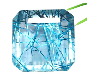 Cuarzo natural azul cielo rutilado 38 quilates corte Asscher piedra preciosa doble certificada - Imagen 1 de 6