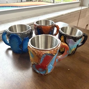 Set Of 4 Mineral Crystal Resin Mugs Stainless Insert Coffee Cups - Picture 1 of 23
