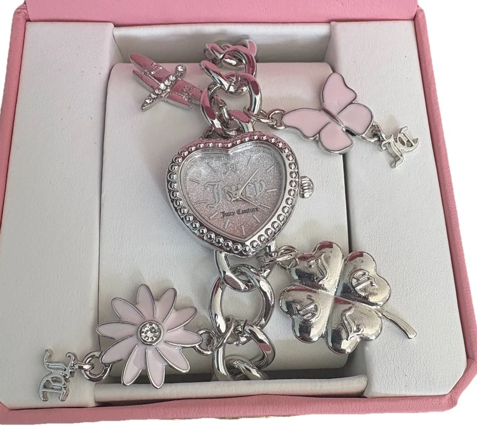 Juicy Couture Tono Plata Dije Pulsera Corazón Reloj Mariposa Flor Trébol Foto 1 de 2
