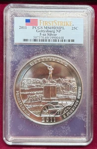 2011 GETTYSBURG NP 5oz 25c - PCGS FIRST STRIKE MS69DMPL - 5oz OF .999 SILVER! - Picture 1 of 4