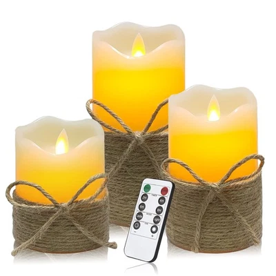 LED Flameless Candles with Hemp Rope Battery Operated Flickering Candles Pillar - Image 1 of 4