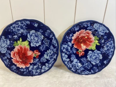 Juego de 2 platos de ensalada florales Pioneer Woman Heritage rosa roja borde festoneado azul Foto 1 de 4