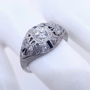 Antique Art Deco 1920's 20k White Gold Diamond & Sapphire Ring - Picture 1 of 6