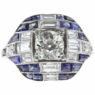 Center Old European 1.07CT Blue & White Simulated Sapphire Art Deco Style Ring - Image 1 of 4