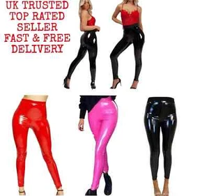 Women's Ladies Shiny PVC High Waist Wet Look Skinny Disco Vinyl Pencil Leggings - Picture 1 of 11