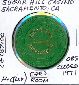 $.50 CALIFORNIA CASINO CHIP SUGAR HILL CASINO SACRAMENTO H&C (LCV) #CG037100 OBS - Foto 1 di 2