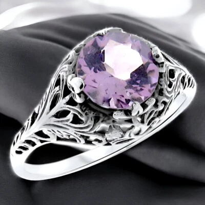 GENUINE 2 CT AMETHYST 925 STERLING SILVER DECO ANTIQUE STYLE FILIGREE RING  #787 - Image 1 of 4