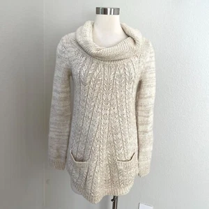 Guinevere Womens Small Cowl Neck Sweater Wool Mohair Blend Beige Knit Pullover - Picture 1 of 12