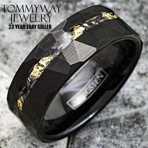 Tungsten Carbide 24K Gold Foil & Meteorite Black Faceted Men's Wedding Band Ring