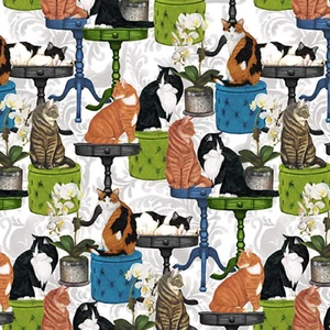 Feline Drive Fabric WHISKERS AMONG PETALS Cats on Tables Fat Quarter (18x22") FQ - Picture 1 of 8