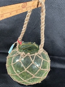 Crackle Glass Planter hangs from Rope  Made in India 7 1/2"h x 8 1/2"w    IN7371 - Picture 1 of 8