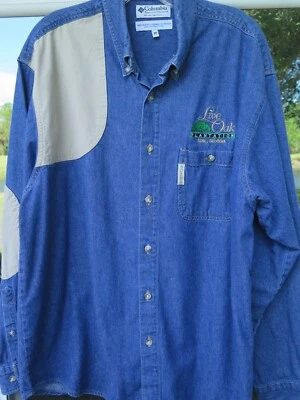 Columbia Men Blue Denim Beige Elbow Patches Padded Hunting Shooting Shirt Medium - Image 1 of 4