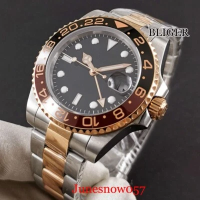 BLIGER Reloj Automático Hombre 40mm Nologo GMT Raíz Cerveza Oro Rosa Correa Ostra Bloqueo Deslizante