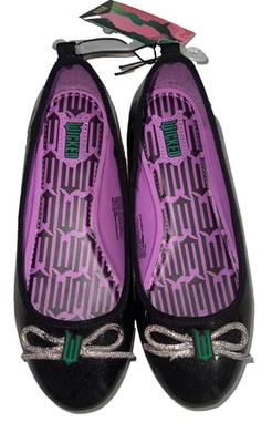 Niñas 3 Zapatos Pisos de Ballet Película Malvada Adornados Sin Cordones Brillo Charol Negro Foto 1 de 4