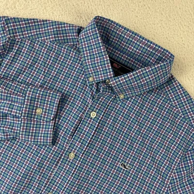 VINEYARD VINES 男式长袖性能衬衫中号格子条纹纽扣二手状况完好 — 第 1/4 张图片