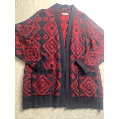 Cárdigan Suéter WoolOvers Rojo Azul Marino Azteca Tejido Geométrico Medio Frente Abierto Foto 1 de 4