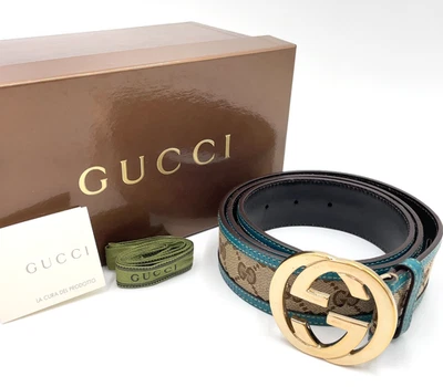 Auténtico Cinturón Gucci 114876 Entrelazado GD 100 GG Lona/Cuero Azul con B BA090596 - Imagen 1 de 4