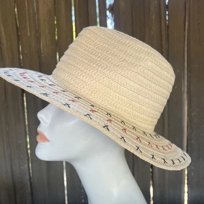 David & Young | White Straw Cross Stitch Panama Fedora Hat Red & Blue American - Image 1 of 4