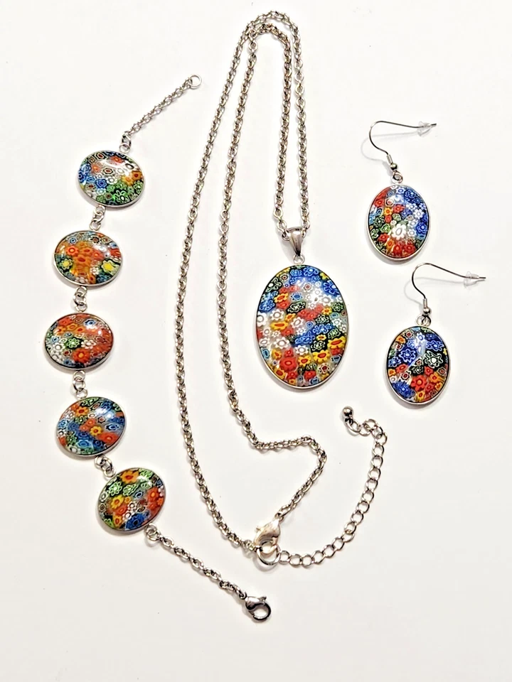 Jewelry Set Necklace Bracelet Earrings Millefiori Glass Cabochon Stainless Steel - Image 1 of 4