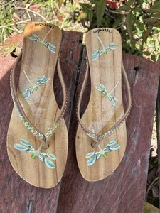 Chanclas sandalias vintage pintadas Woodies para mujer talla 10 lentejuelas verdes - Imagen 1 de 7