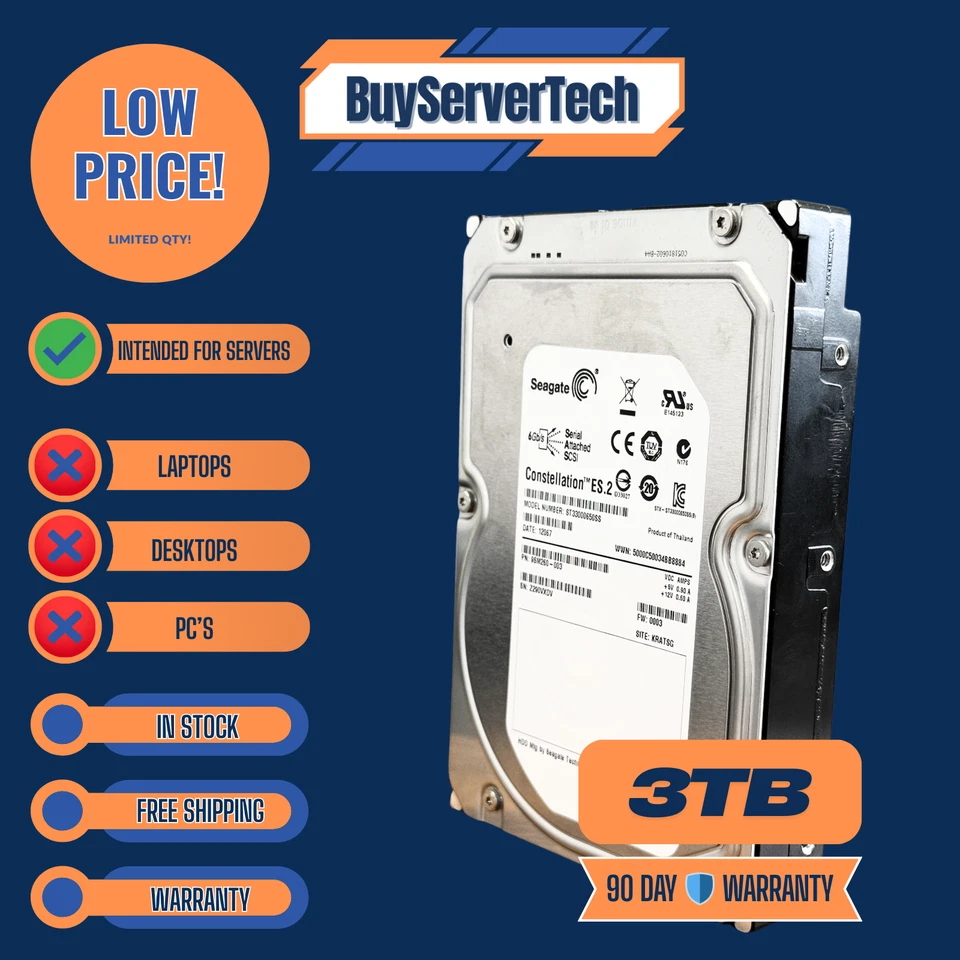 ST33000650SS Seagate 3TB 7.2K RPM 6Gbps 3.5" SAS HDD Hard Drive (ST33000650SS) - Image 1 of 2