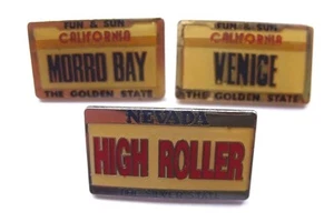 MORRO BAY(CA) & VENICE(CA)& HIGH ROLLER(NV) cities vintage badges made in Taiwan - Picture 1 of 2