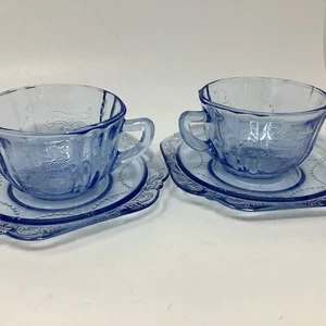 2 Vtg Depression Blue Glass Tea Cups w/ Saucers Set Madrid By Indiana Glass - Picture 1 of 7